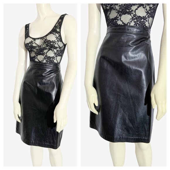 Vintage Black Leather Skirt / size 28 inch waist/ size Medium - Picture 1 of 10